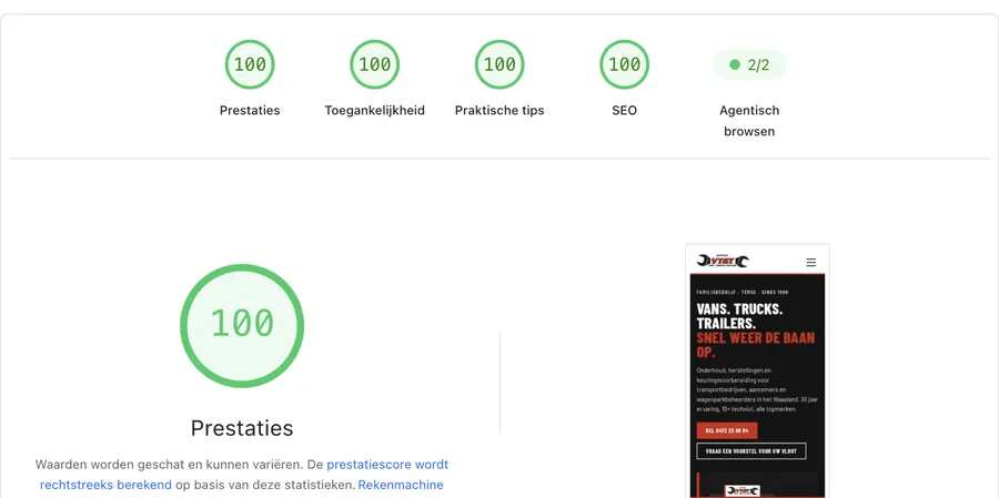 PageSpeed-score 100 van garagevtt.be