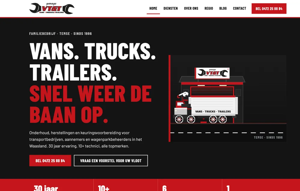 Startpagina van garagevtt.be, gemaakt door Marketingbaas